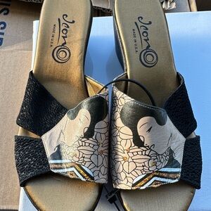 ICON Maisy Geisha Art Leather Mules | Slip-On Wedge | NWOT | Size 36 / 5